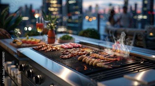 A modern rooftop terrace BBQ party in an urban setting