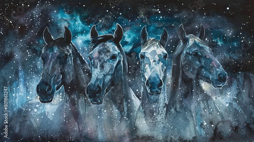 Peaceful watercolor of three horses beneath a starry night sky, the Milky Way casting an ethereal glow over the gentle creatures