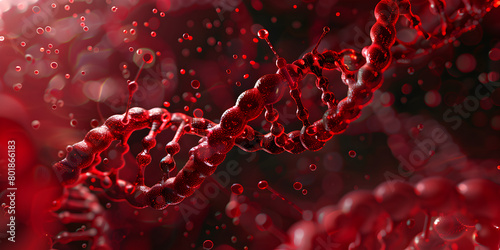  Abstract red DNA molecule structure background , fictional abstract structure of DNA molecule from red transparent spherical elements on dark background 