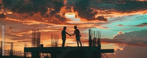 Silhouette of two construction workers working on top of a building at sunset and shaking their hand