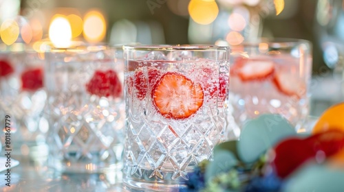Crystal glasses filled with sparkling water and garnished with fresh fruit sit ready for guests to enjoy.