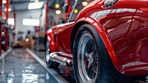Close-up of a vintage red sports car in a soft gray garage, showcasing the shiny finish and classic design, perfect for classic car enthusiasts
