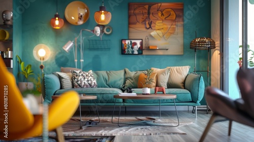 Lively and inviting living room design in teal, tailored for young individuals, with a focus on combining vibrancy with peaceful living
