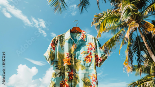 Men's colourful beach shirt on a hanger