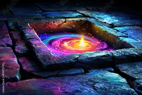 A portal to another galaxy, A mystical portal with swirling colors of pink and blue glowing vividly between ancient stone pavement.