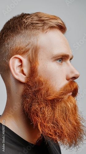Close-up of a young man with vibrant red hair and a full beard