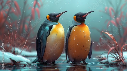 Two penguins standing in the rain.