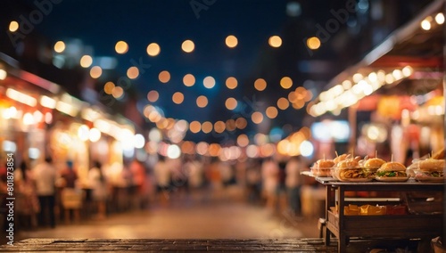 vintage tone blur image of food stall at night festival with bokeh for background usage . 