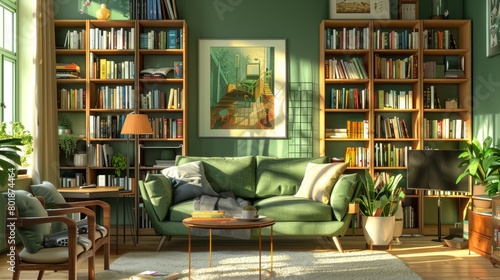 Cozy and personalized living room setup for a young person, integrating comfortable furniture, bookshelves, and art that reflects their hobbies and personal taste