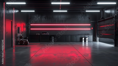 Futuristic black garage visualized through AI, featuring minimalistic design accented with dramatic red neon lights, suitable for sci-fi game settings