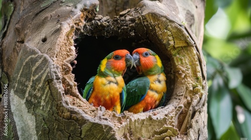 A pair of colorful parrots taking turns feeding each other with affection and care in their tree hollow nest.