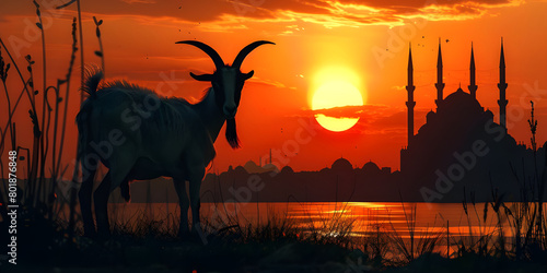 Goat with beautiful mosque sunset background, Eid ul Adha Concept background
