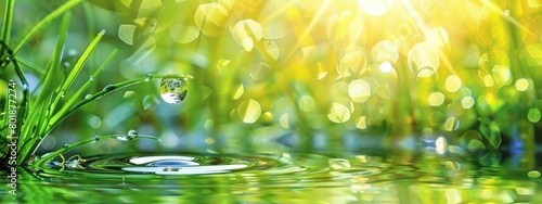 A dewdrop on the edge of grass, reflecting sunlight and creating ripples in the water below. The background is greenery