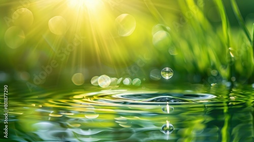 A dewdrop on the edge of grass, reflecting sunlight and creating ripples in the water below. The background is greenery