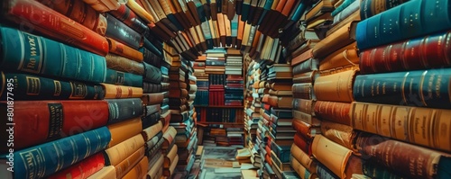 an arch made from books, another room full of many old colorful books inside it