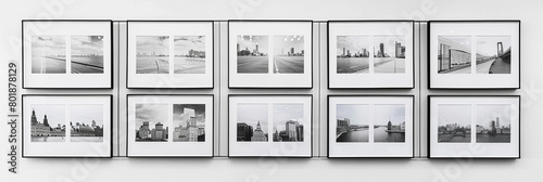A series of black and white photographs capturing urban landscapes, framed in sleek metal frames and arranged in a grid formation on a white wall for a modern gallery feel