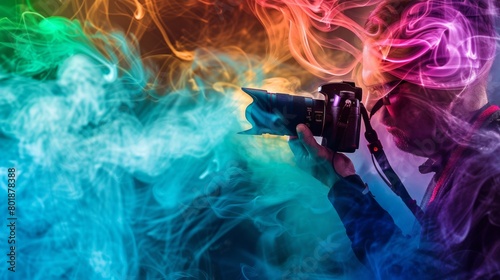 A photographer capturing the dynamic movement of colorful cigarette smoke as it disperses into the air.