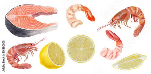 Seafood, digital watercolor illustrations set. Shrimp, salmon steak, lemon, isolated images on transparent background