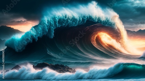 A tsunami sweeping the shore and destroying everything in its path. An image of power and destruction in the waves and water element. Creative, AI Generated