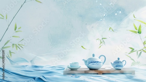 Chinese background, ethnic style, national tide, ethnic style tea set, light blue gradient background with tea set in the center of the composition