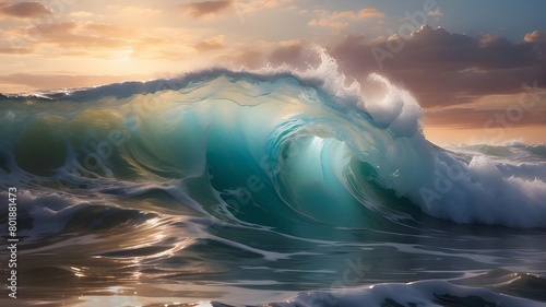 "Waves crashing gracefully against a backdrop of liquid, blending colors in a mesmerizing display. The waves are depicted with utmost realism, each crest and trough rendered with precision. The liquid