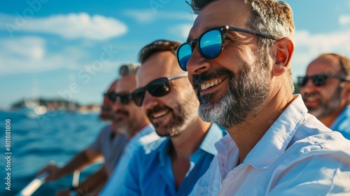 Group of smiling, sunglasses-wearing wealthy 40-year-old men by the sea or in downtown New York.