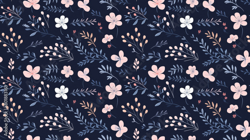 A seamless pattern of pink and white flowers with blue leaves on a dark blue background.