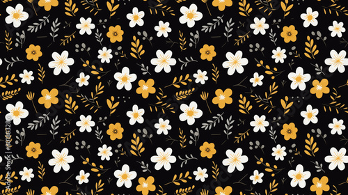 A seamless pattern of simple flowers and leaves on a black background. The flowers are white and yellow with grey leaves and stems.