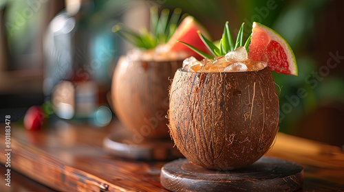 This refreshing beverage combines the natural sweetness of coconut with a tantalizing blend of exotic flavors, summer tropical cocktail on the table