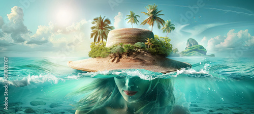 Young woman underwater in sunhat, travel concept, vacation time, summer, holiday