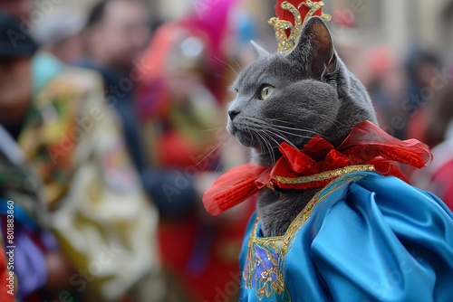 A cat in a blue costume is wearing a red bow during carnival day, Cat carnival in historic clothes