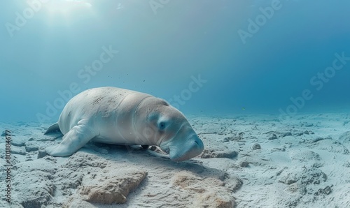 dugong feeding sea grass on seabed.