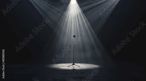 Stabd mic on a super large stage under a single light beam all is in total darkness except the singer. no people.