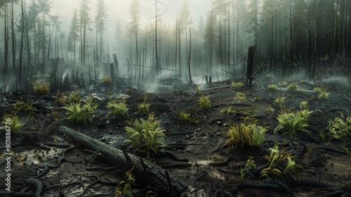 Charred remains of a forest after a fire, with patches of greenery struggling to emerge amidst the devastation.