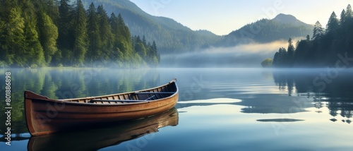 A rowing boat oar lying on a serene lake during early morning,