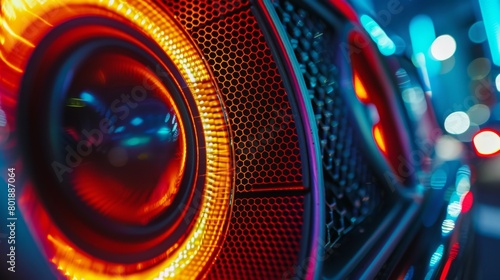 Close-up of a car speaker grille illuminated with colorful LED lights, adding a futuristic flair to the vehicle's audio system.