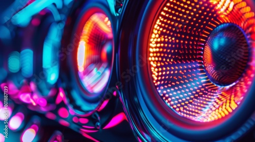 Close-up of a car speaker grille illuminated with colorful LED lights, adding a futuristic flair to the vehicle's audio system.