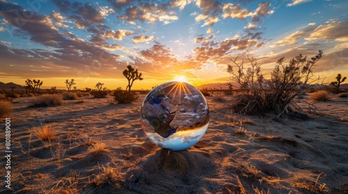 Earth globe 1m in diameter in desert sand, dramatic sunset, Joshua trees in the background
