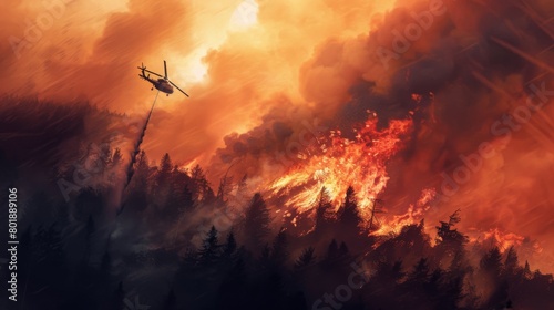 Helicopter dropping water onto a raging wildfire, desperately trying to quench the flames and save the forest.