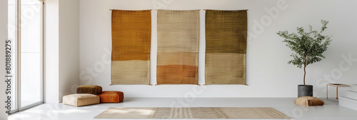  A set of three oversized woven wall hangings in earthy tones, hung vertically on a white wall
