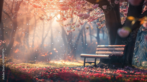 a bench in a park overlooking a blossoming flower real photo,