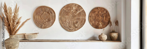 A set of three oversized woven wall hangings in earthy tones, hung vertically on a white wall