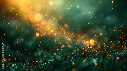 Abstract blur bokeh banner background. Gold bokeh on defocused emerald green background