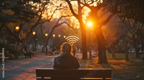 Public Wi-Fi hotspot in park, warm evening light, eye-level, connected community 