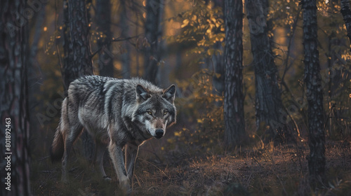 A lone wolf prowling through a dense forest at twilight, its sleek gray coat camouflaging it among the shadows, as it navigates its solitary existence in the wilderness with grace and stealth.