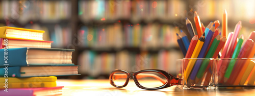 A blurred background of books and glasses on a table, with space for text or logo in the foreground.