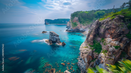 rocky cliffs and islands overlooking the crystal clear blue sea