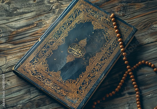 The Holy Al Quran, adorned with Arabic calligraphy, accompanied by tasbih beads, embodies Islamic faith and devotion