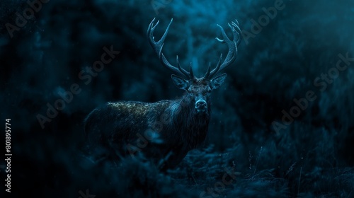 a massive black deer in the style of macro photography, mescal view, and hyperrealistic marine life with a double exposure of a deep, dark jungle