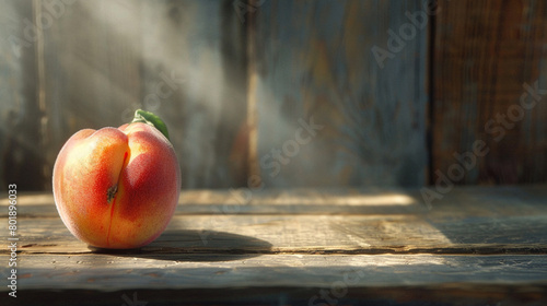 A single ripe peach positioned on a rustic wooden table, its velvety skin glowing under soft sunlight, inviting a taste of summer sweetness.